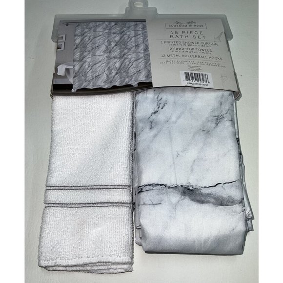 Marble Fabric Shower Curtain Silver RollerBall Hooks Towel White Gray Black Set - Picture 2 of 3